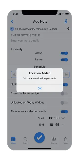 Local Reminder app screenshot showing location-based notes
